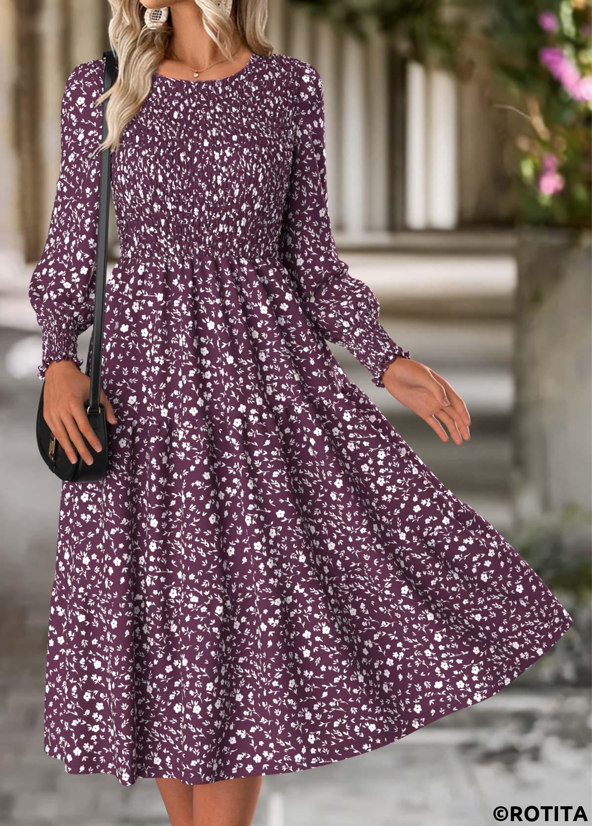 Purple dresses,Ditsy Floral dresses,Everyday dresses,Casual dresses,ROTITA Tummy Coverage Ditsy Floral Print Purple Round Neck Dress