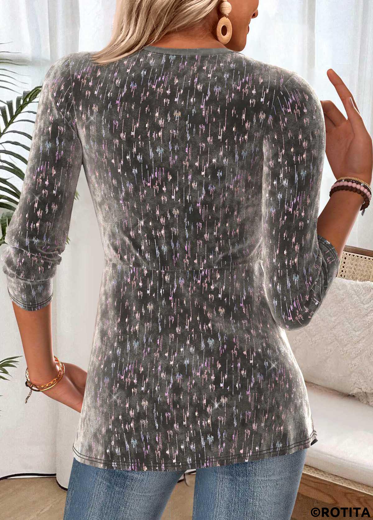 Dark Grey tops,Plain Color tops,ROTITA Twist Dark Grey V Neck Long Sleeve T Shirt