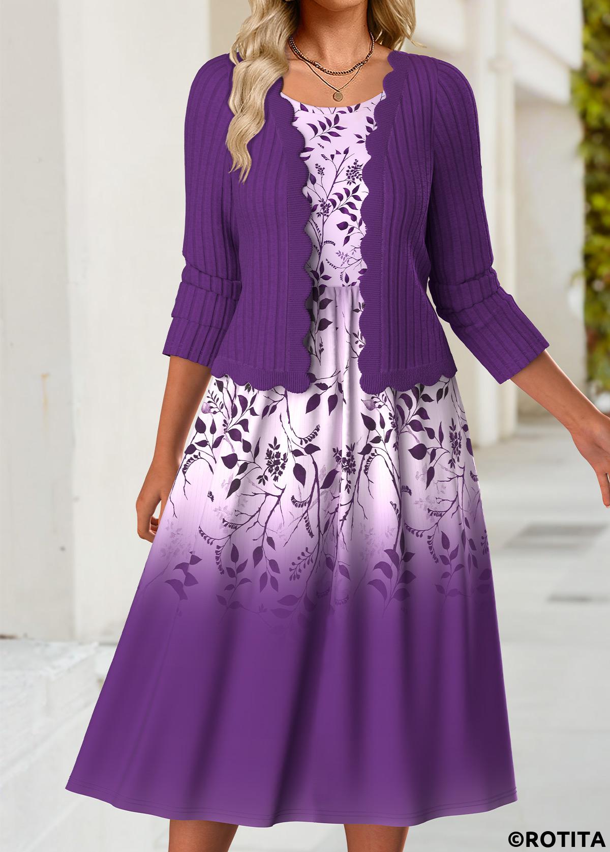 Purple dresses,Floral dresses,Plants dresses,Everyday dresses,Casual dresses,ROTITA Tummy Coverage Floral Print Purple Dress and Cardigan