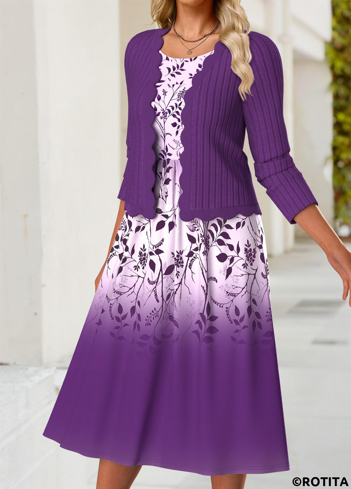 Purple dresses,Floral dresses,Plants dresses,Everyday dresses,Casual dresses,ROTITA Tummy Coverage Floral Print Purple Dress and Cardigan