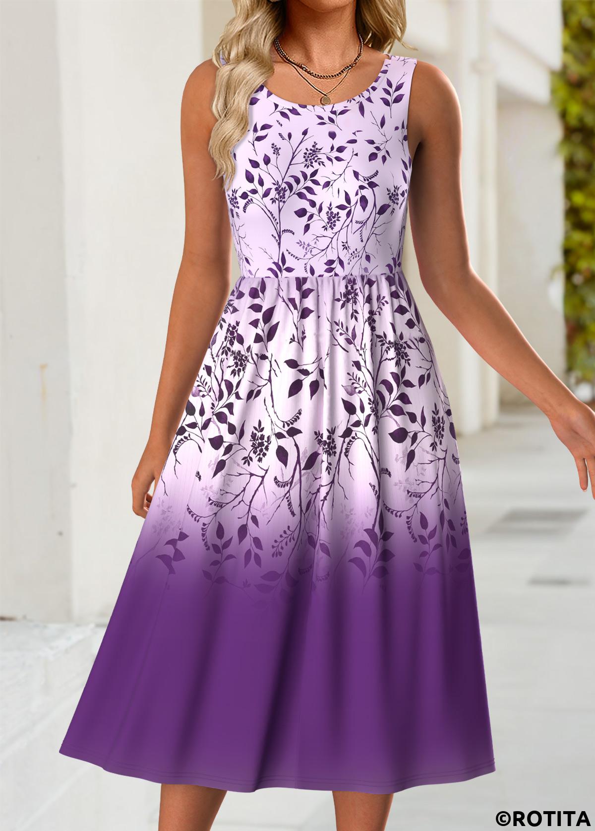 Purple dresses,Floral dresses,Plants dresses,Everyday dresses,Casual dresses,ROTITA Tummy Coverage Floral Print Purple Dress and Cardigan