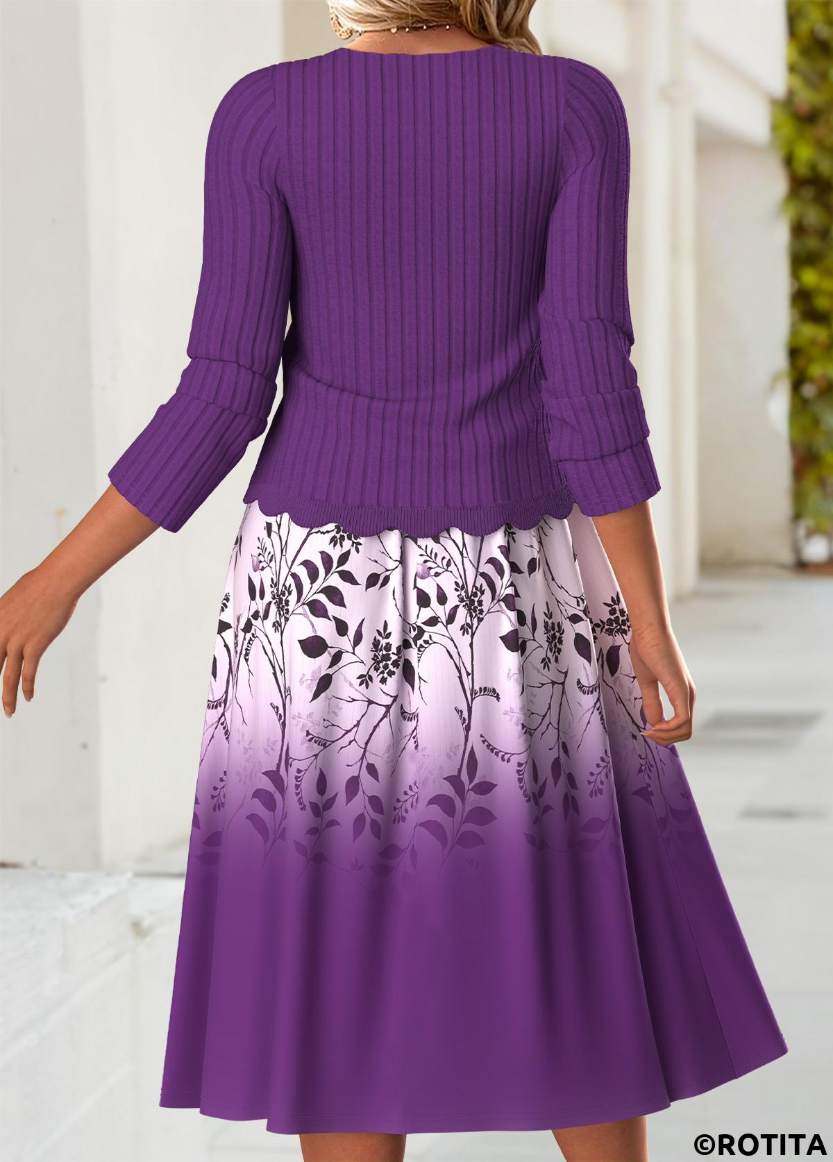 Purple dresses,Floral dresses,Plants dresses,Everyday dresses,Casual dresses,ROTITA Tummy Coverage Floral Print Purple Dress and Cardigan