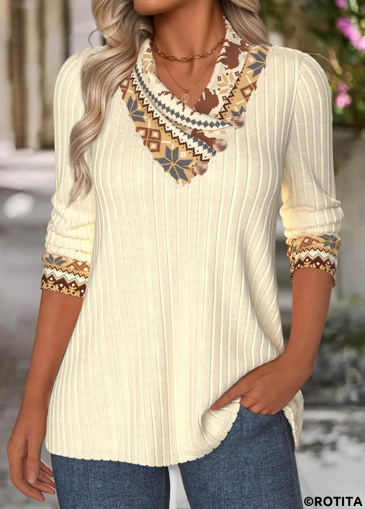 Beige tops,Tribal tops,ROTITA Tummy Coverage Fair Isle Print Beige Asymmetrical Neck Sweatshirt