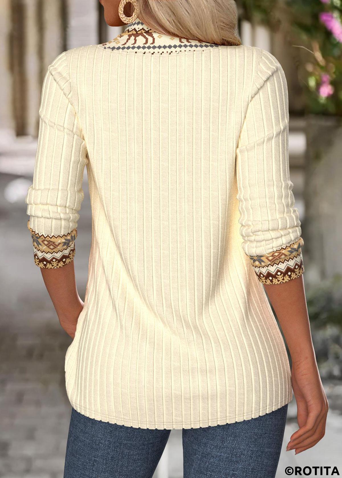 Beige tops,Tribal tops,ROTITA Tummy Coverage Fair Isle Print Beige Asymmetrical Neck Sweatshirt