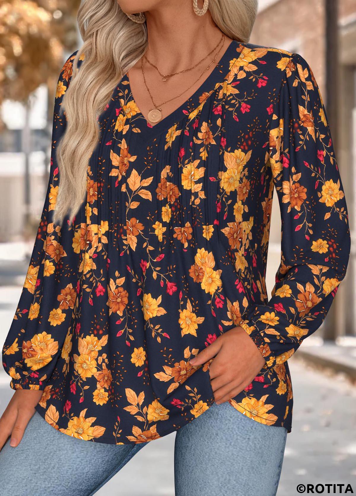 Multi Color tops,Floral tops,Plants tops,ROTITA Tummy Coverage Floral Print Multi Color V Neck Blouse