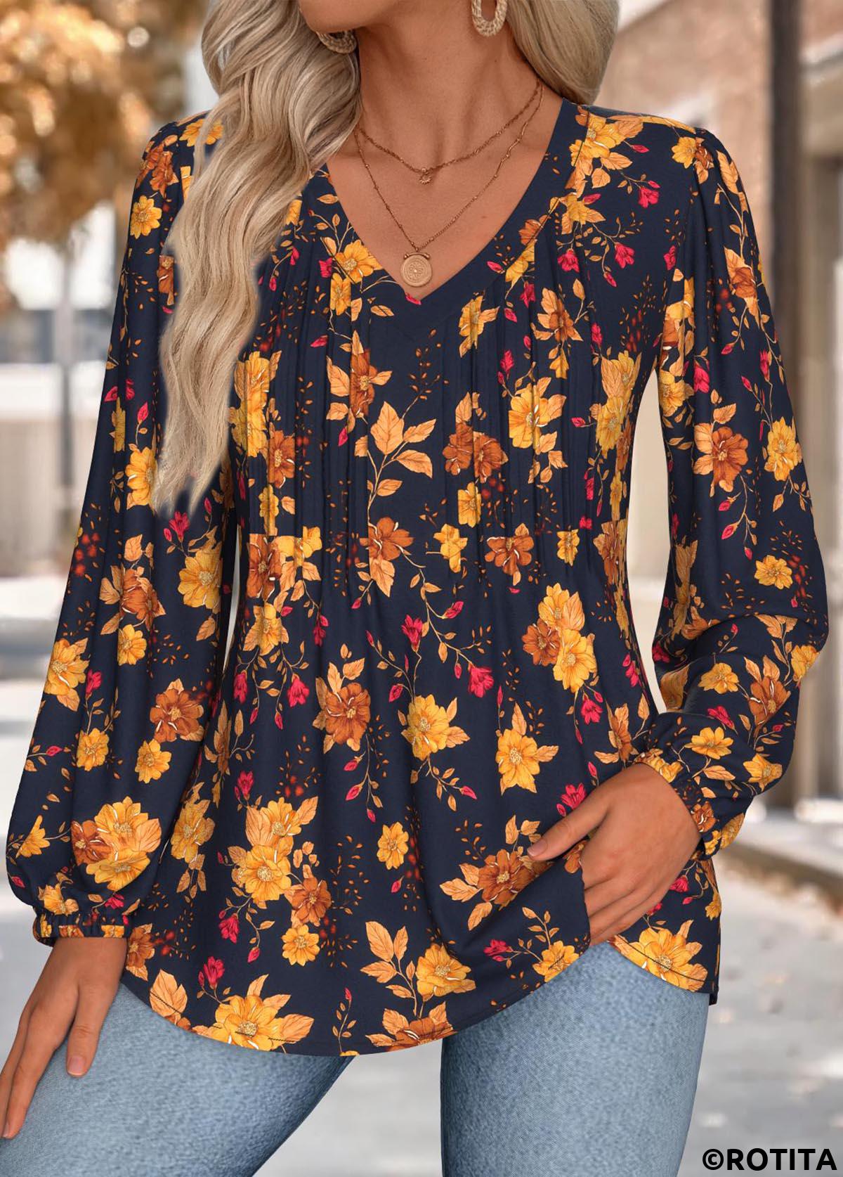 Multi Color tops,Floral tops,Plants tops,ROTITA Tummy Coverage Floral Print Multi Color V Neck Blouse