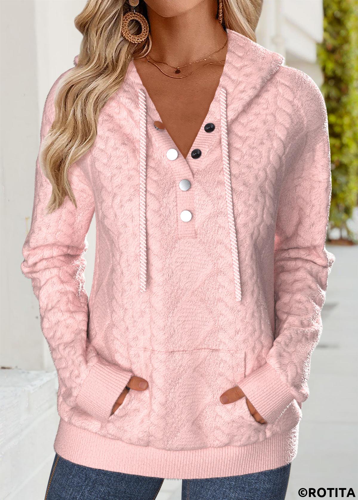 Pink tops,Plain Color tops,ROTITA Tummy Coverage Pink Long Sleeve Hoodie