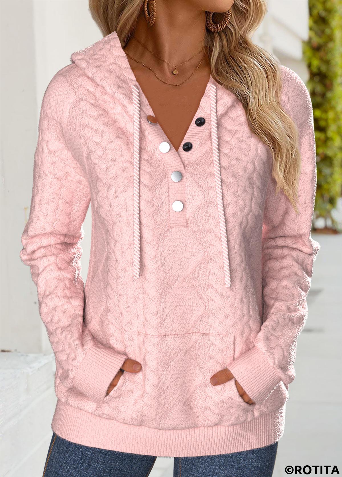 Pink tops,Plain Color tops,ROTITA Tummy Coverage Pink Long Sleeve Hoodie