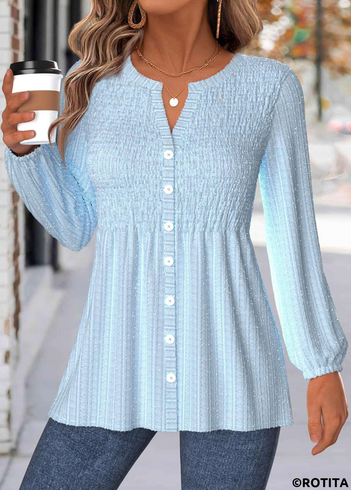 Light Blue tops,Plain Color tops,ROTITA Tummy Coverage Light Blue V Neck Long Sleeve Blouse