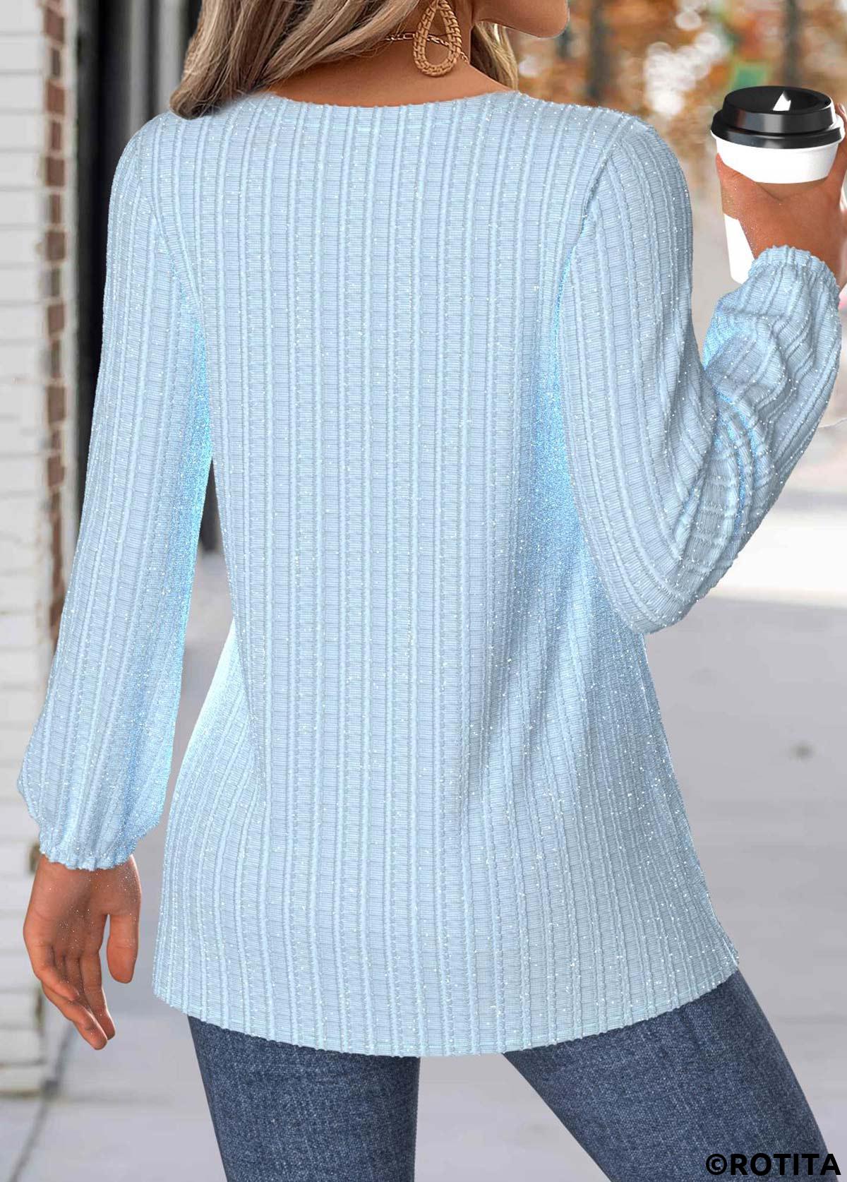 Light Blue tops,Plain Color tops,ROTITA Tummy Coverage Light Blue V Neck Long Sleeve Blouse