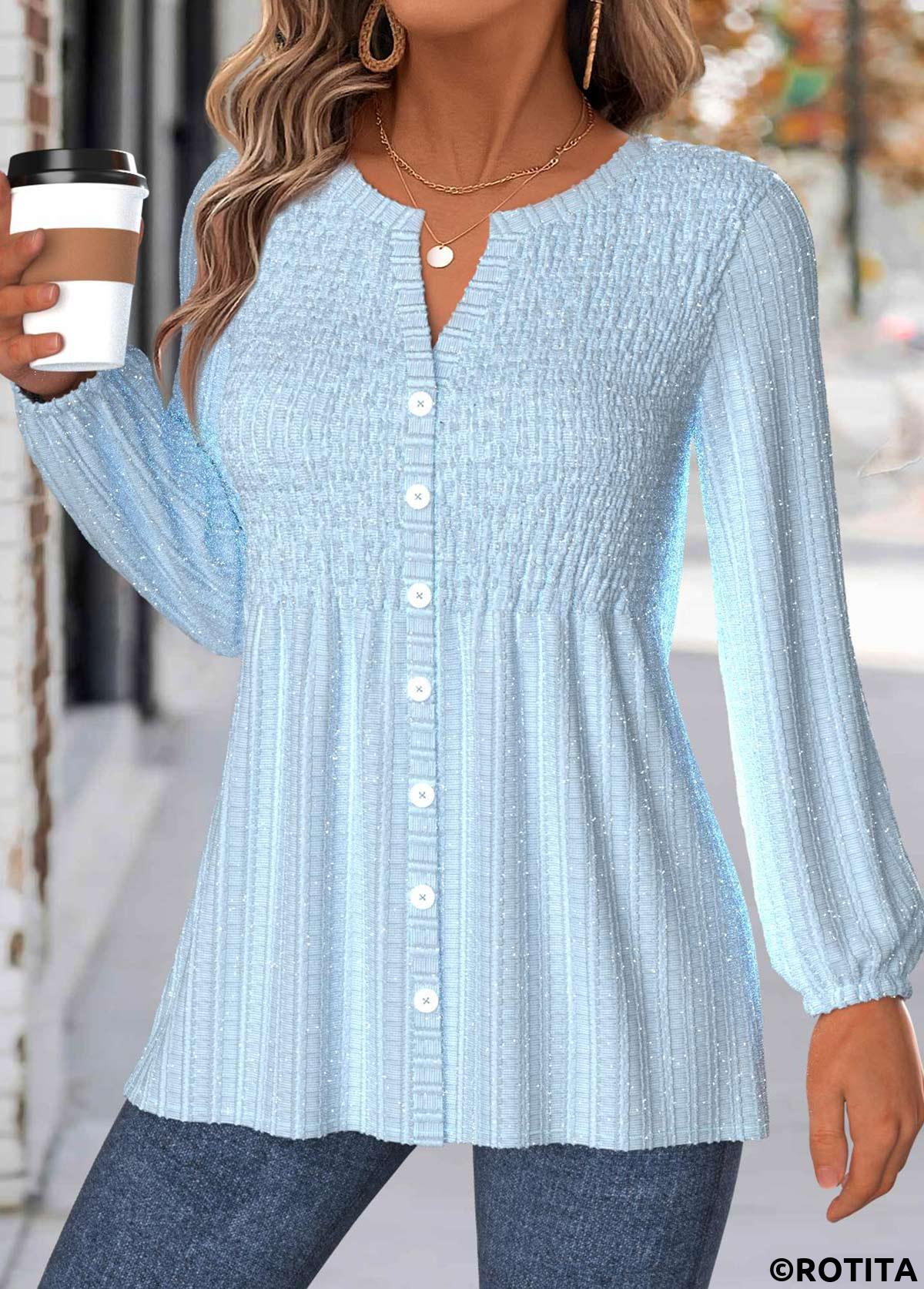 Light Blue tops,Plain Color tops,ROTITA Tummy Coverage Light Blue V Neck Long Sleeve Blouse
