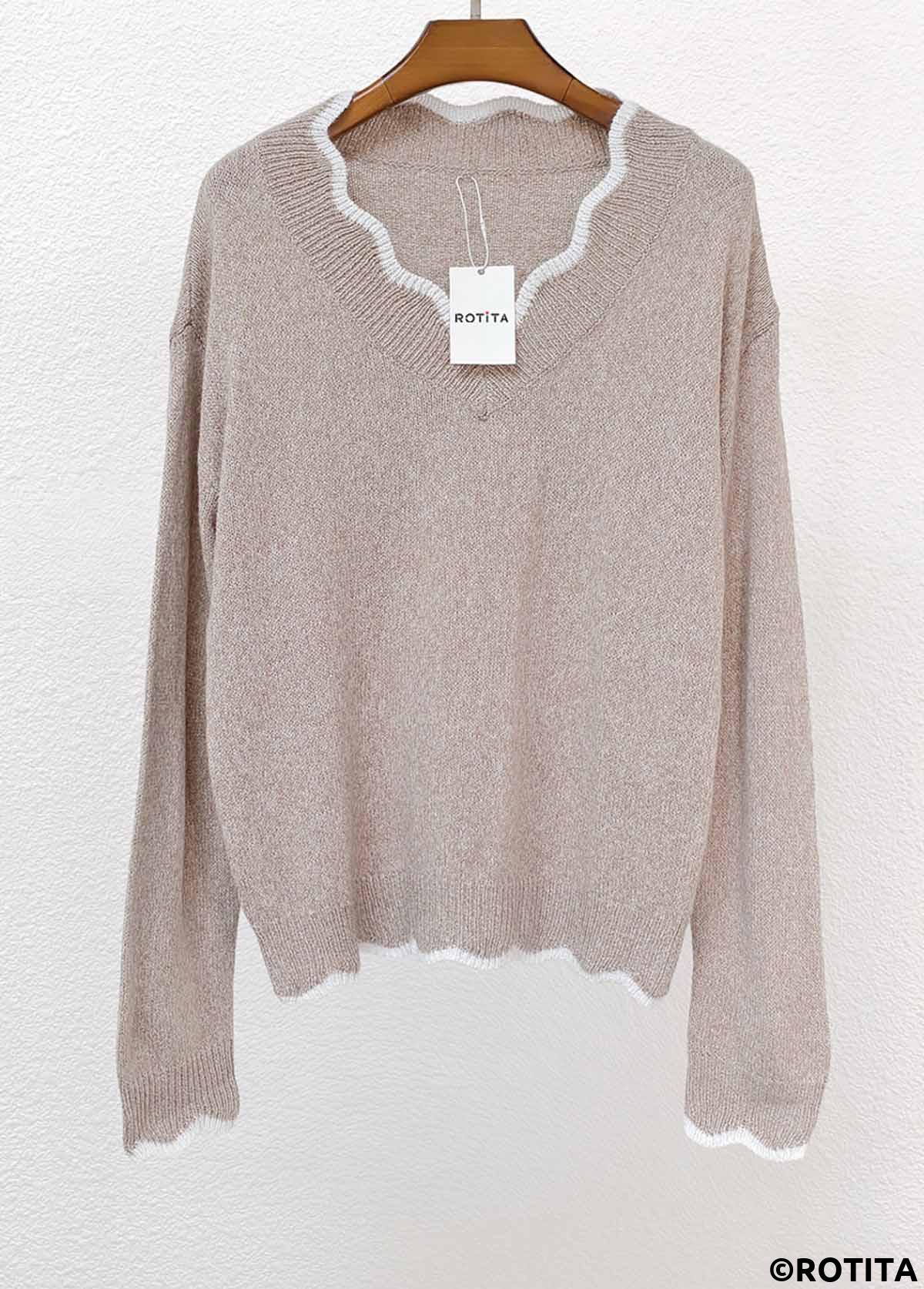 Light Camel tops,Plain Color tops,Tummy Coverage Light Camel V Neck Long Sleeve Sweater