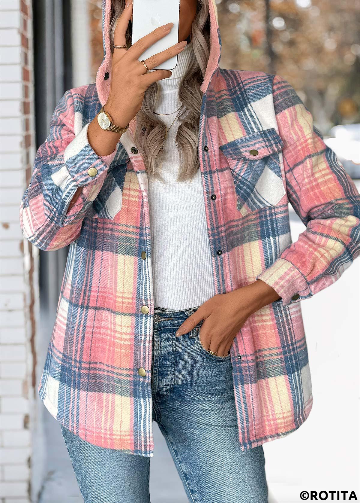 Pink tops,Plaid tops,Geometric tops,Tummy Coverage Plaid Pink Hooded Long Sleeve Coat