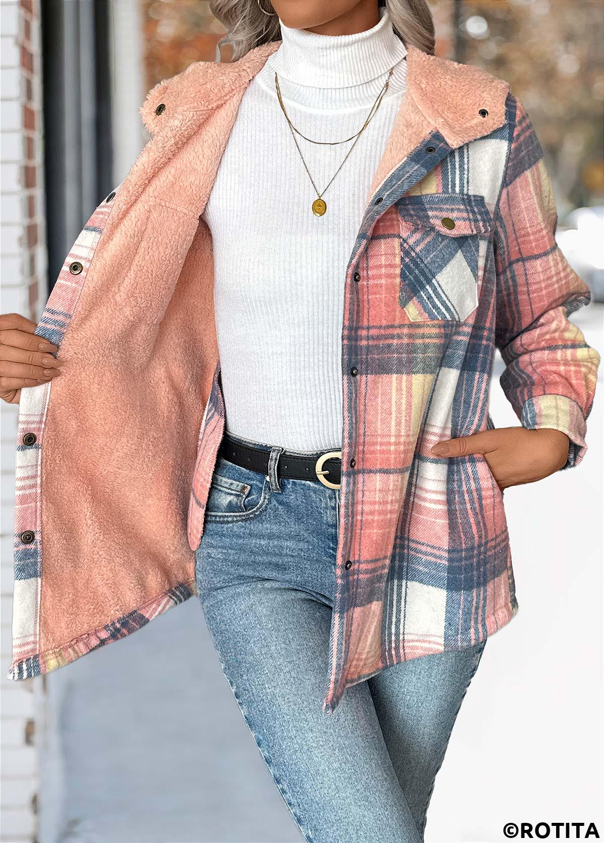 Pink tops,Plaid tops,Geometric tops,Tummy Coverage Plaid Pink Hooded Long Sleeve Coat
