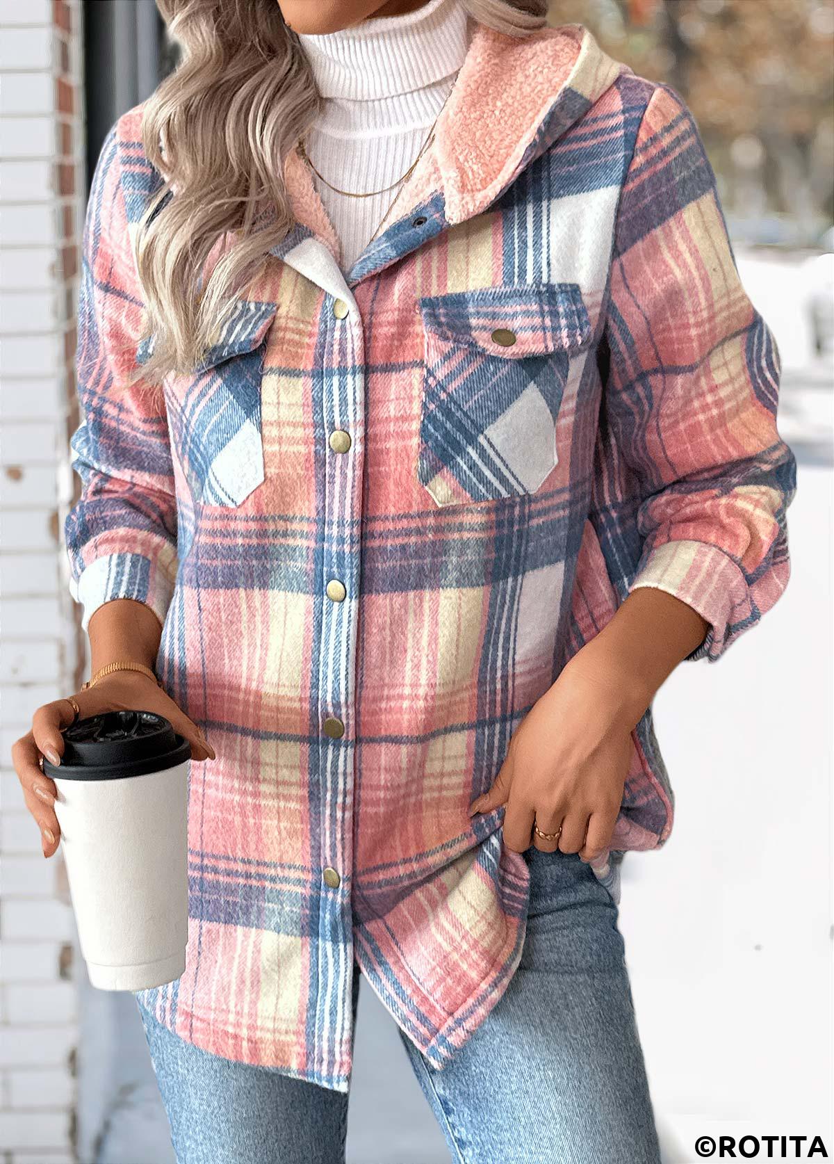 Pink tops,Plaid tops,Geometric tops,Tummy Coverage Plaid Pink Hooded Long Sleeve Coat