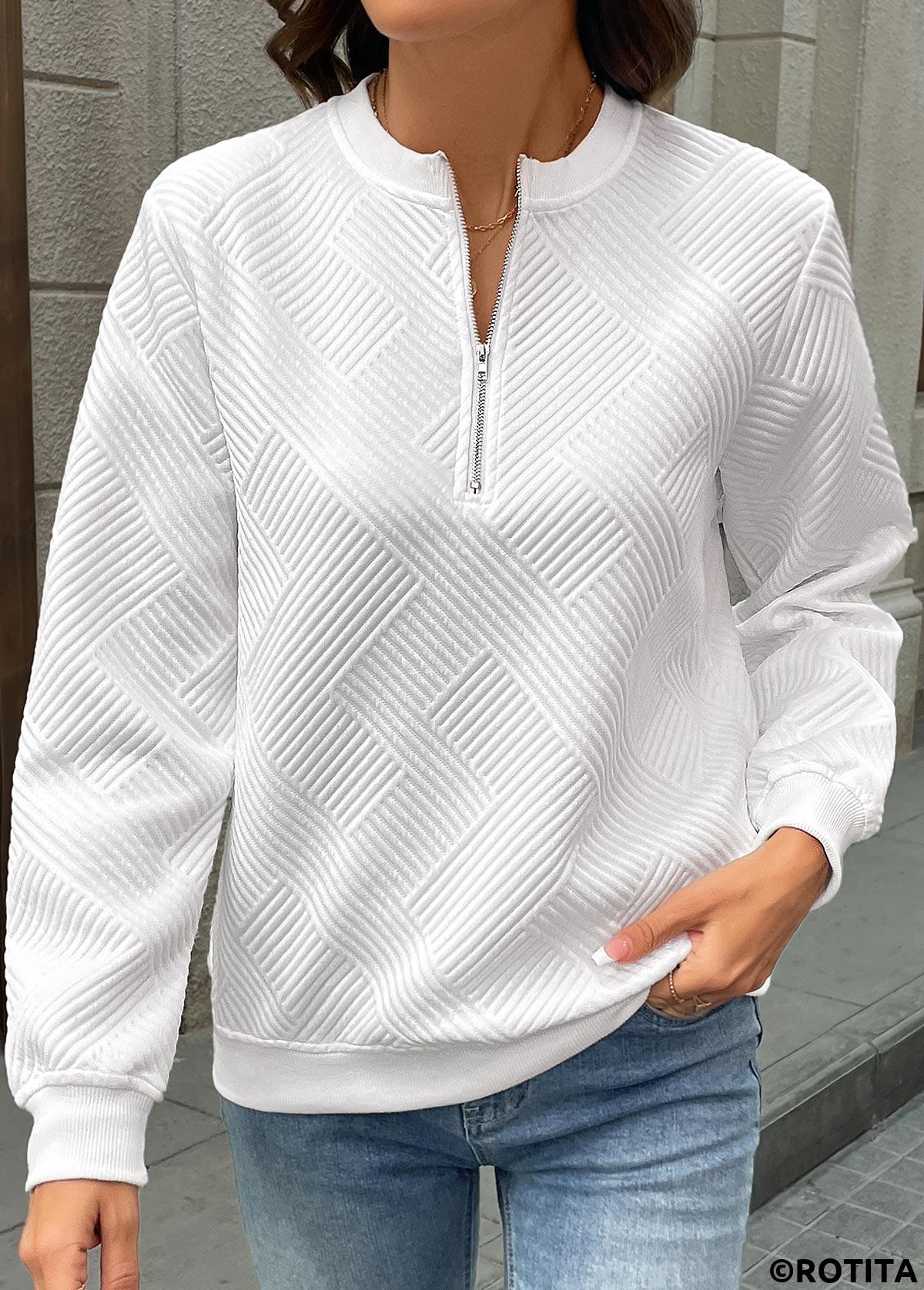 White tops,Plain Color tops,ROTITA Zipper White Round Neck Long Sleeve Sweatshirt