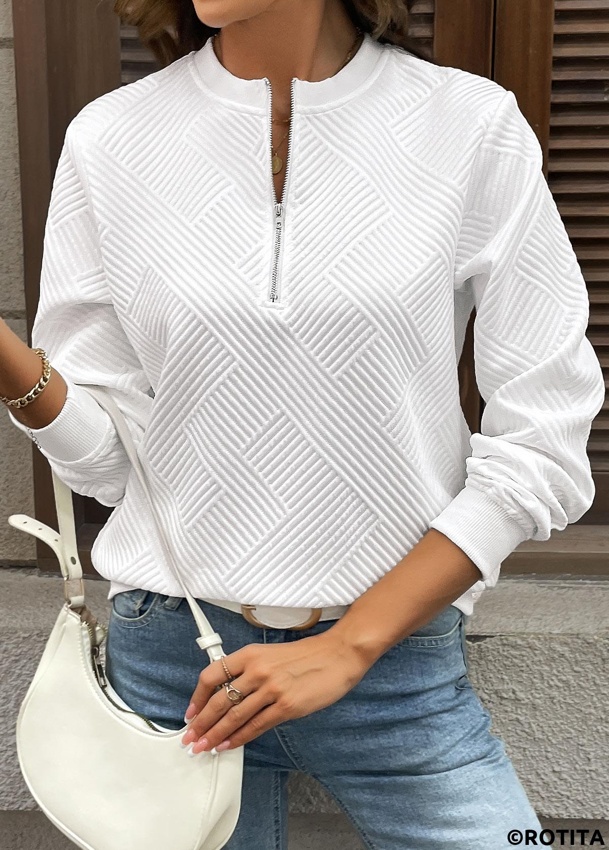 White tops,Plain Color tops,ROTITA Zipper White Round Neck Long Sleeve Sweatshirt