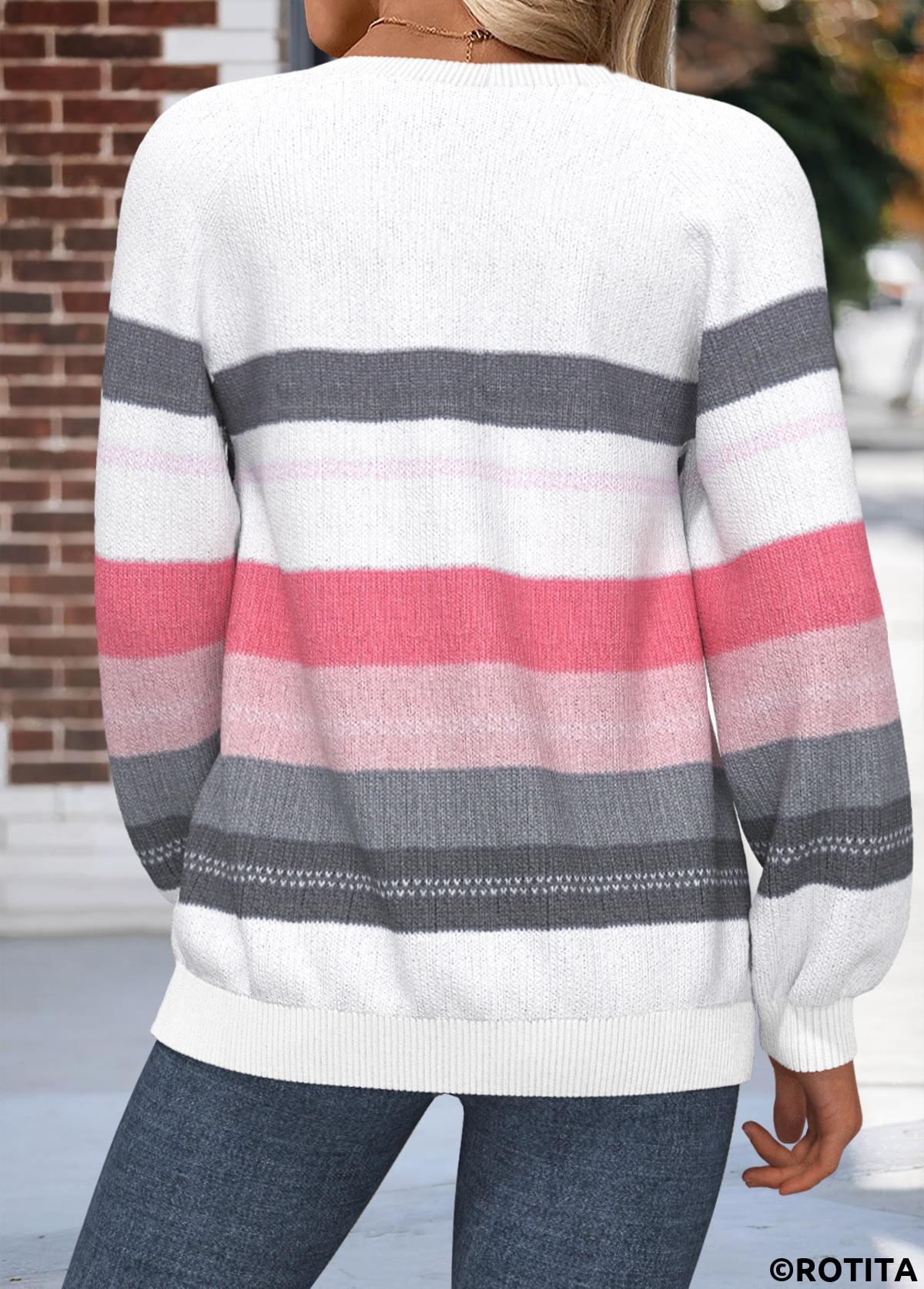 Raw white tops,Striped tops,Geometric tops,ROTITA Tummy Coverage Striped Raw White Round Neck Sweatshirt