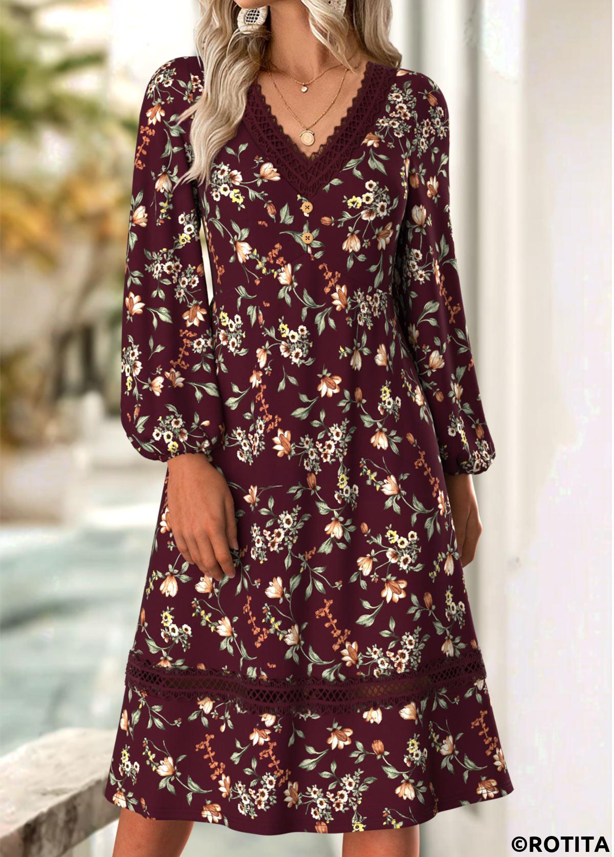 Deep Red dresses,Floral dresses,Plants dresses,Everyday dresses,Casual dresses,ROTITA Floral Print Deep Red V Neck Long Sleeve Dress