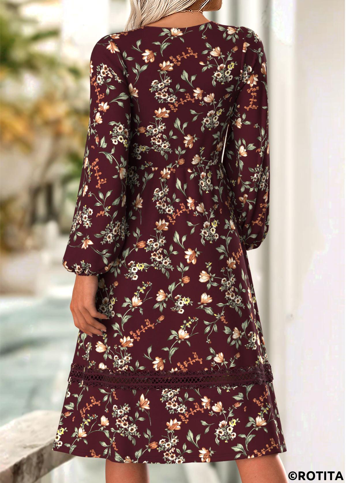 Deep Red dresses,Floral dresses,Plants dresses,Everyday dresses,Casual dresses,ROTITA Floral Print Deep Red V Neck Long Sleeve Dress