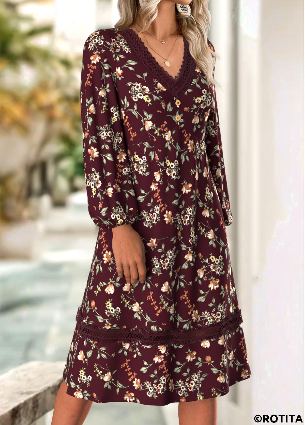 Deep Red dresses,Floral dresses,Plants dresses,Everyday dresses,Casual dresses,ROTITA Floral Print Deep Red V Neck Long Sleeve Dress