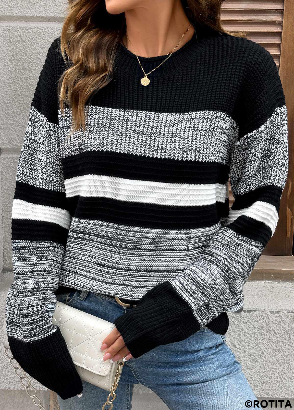 Black tops,Contrast Color tops,Tummy Coverage Black Round Neck Long Sleeve Sweater