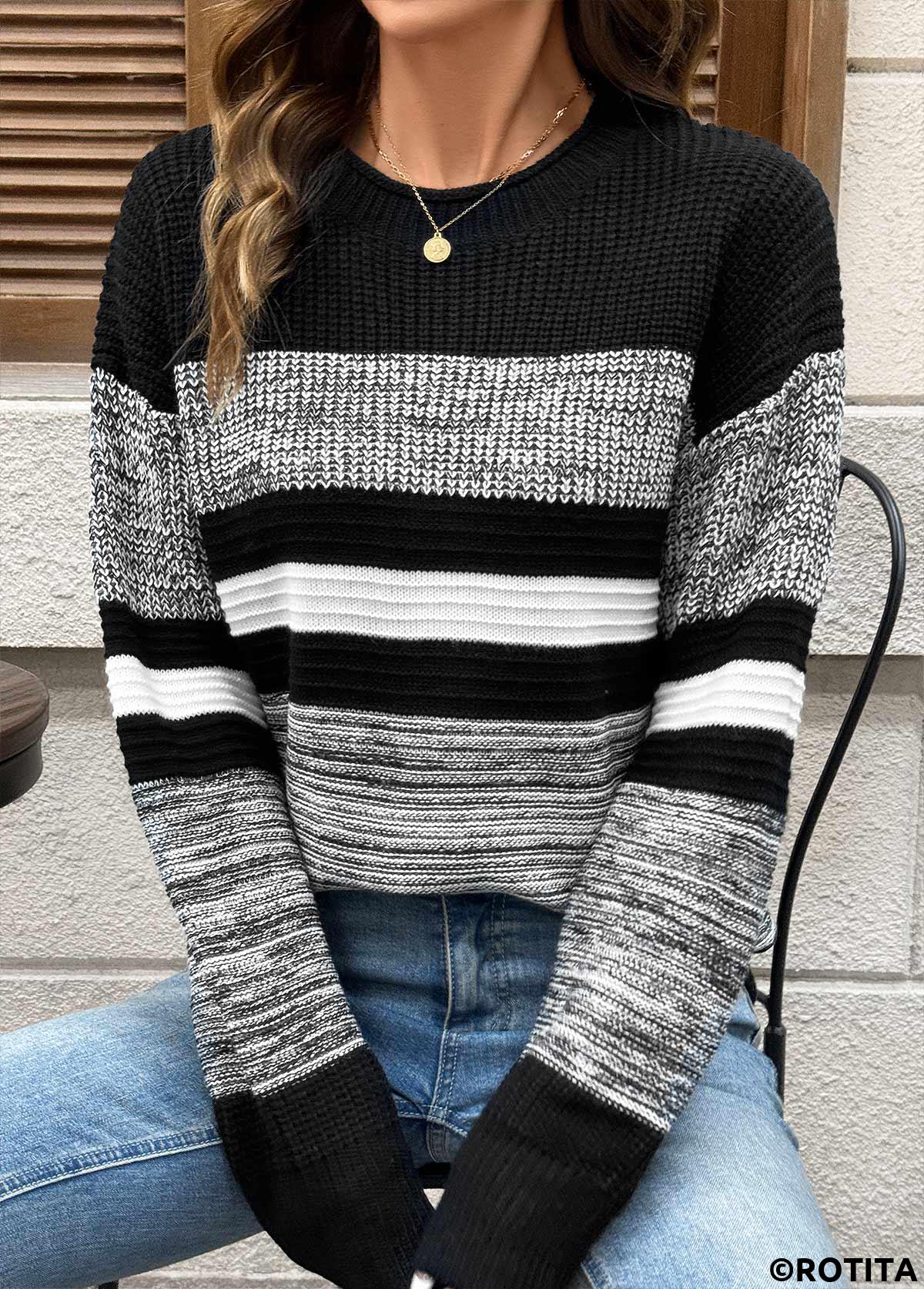 Black tops,Contrast Color tops,Tummy Coverage Black Round Neck Long Sleeve Sweater