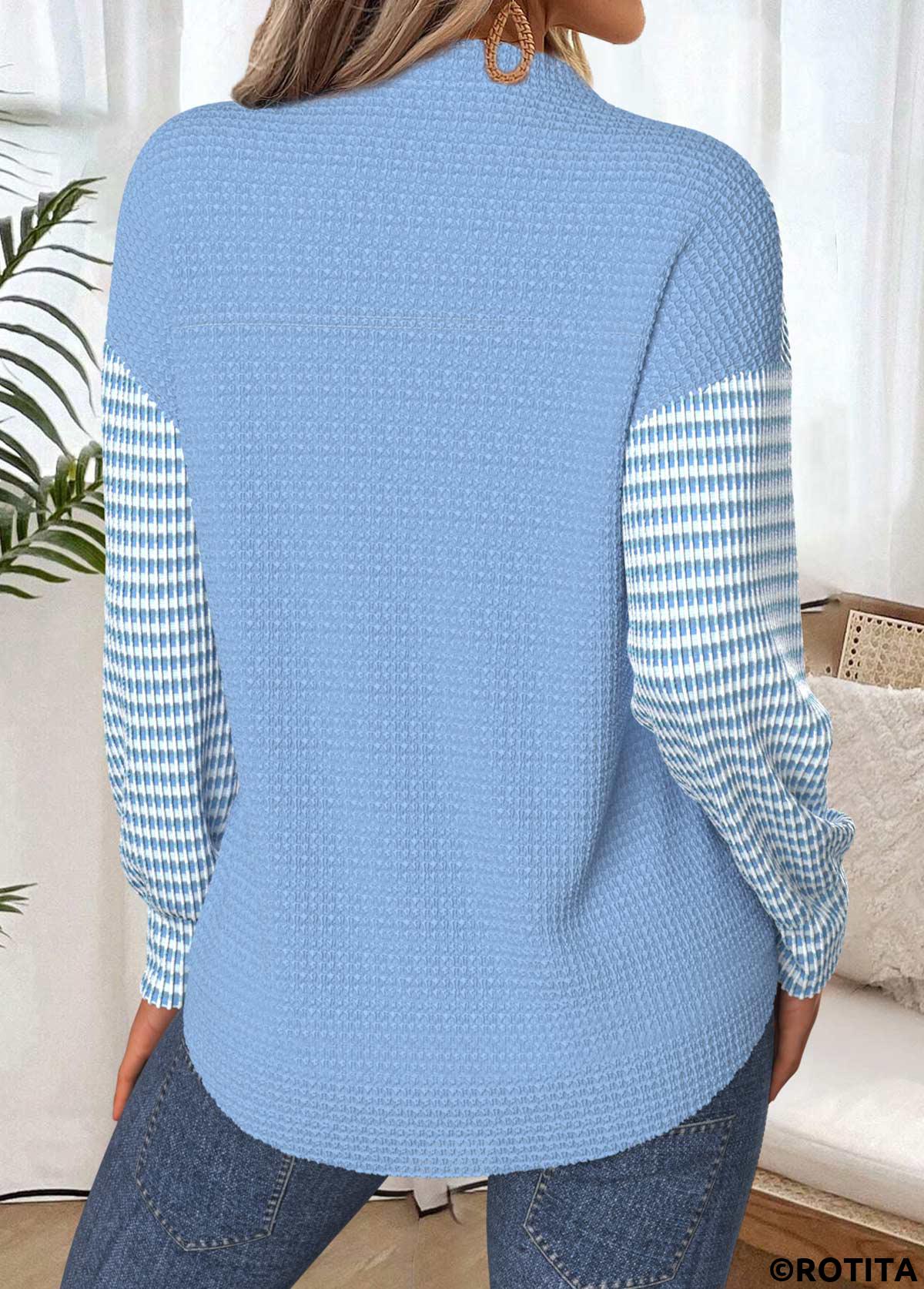 Light Blue tops,Striped tops,ROTITA Tummy Coverage Light Blue Split Neck Long Sleeve Sweatshirt