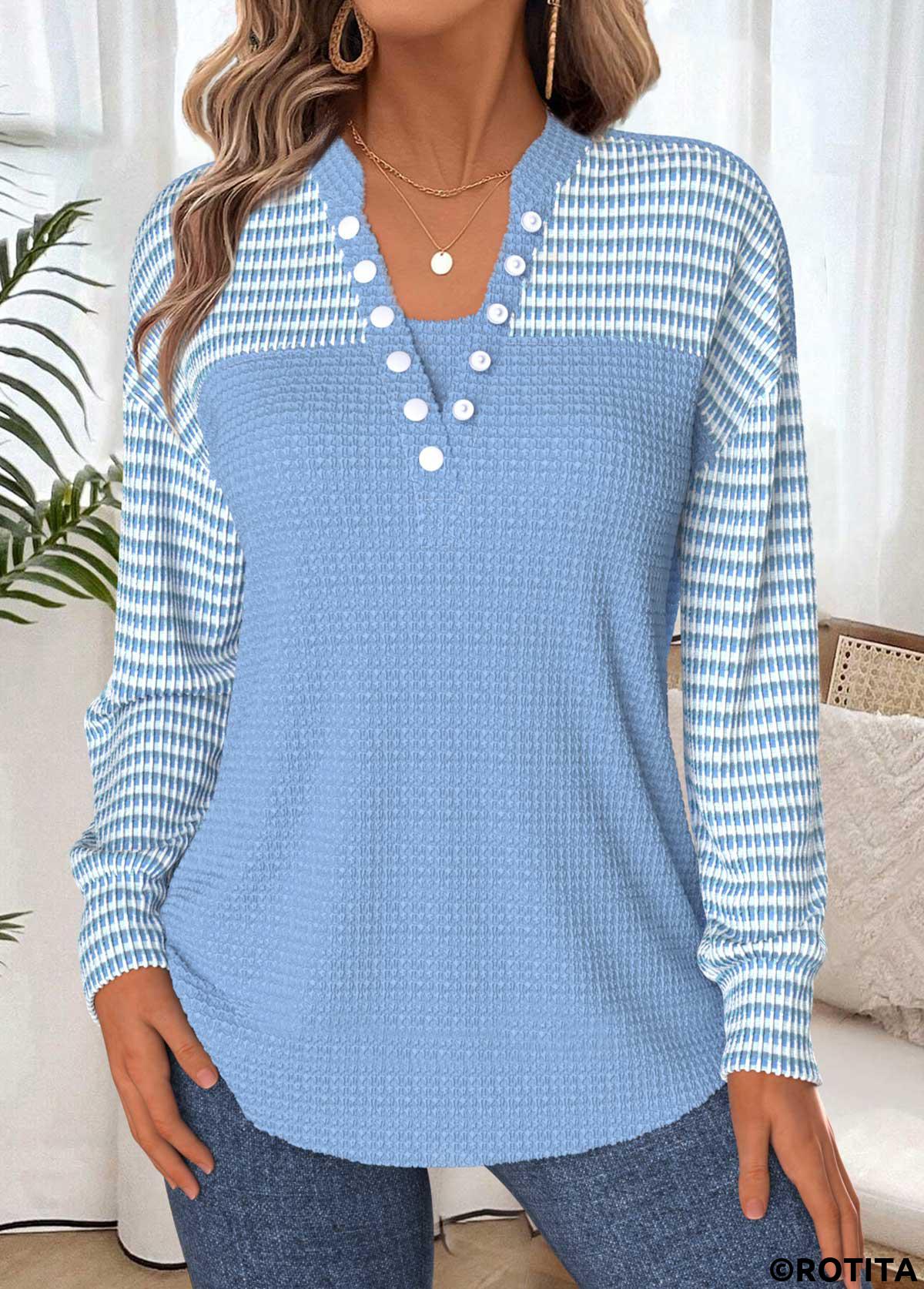 Light Blue tops,Striped tops,ROTITA Tummy Coverage Light Blue Split Neck Long Sleeve Sweatshirt