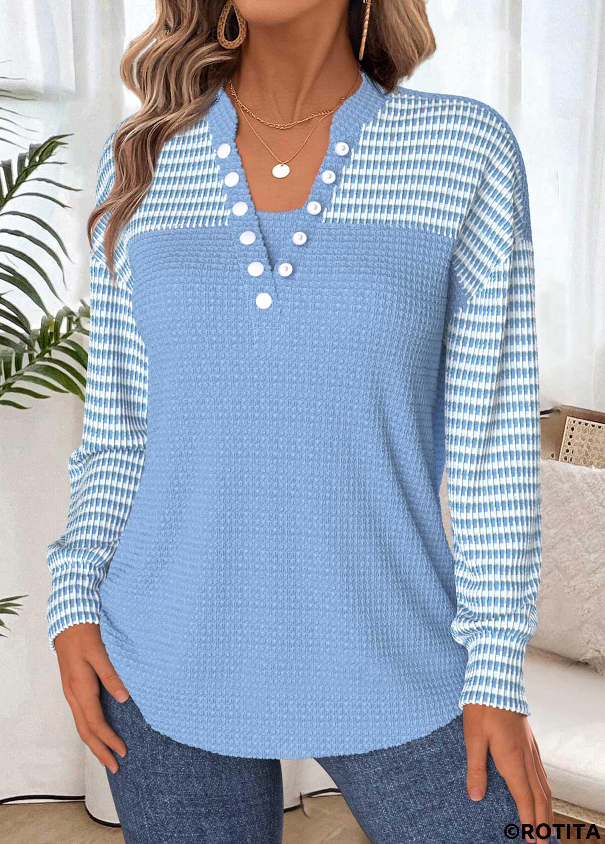 Light Blue tops,Striped tops,ROTITA Tummy Coverage Light Blue Split Neck Long Sleeve Sweatshirt