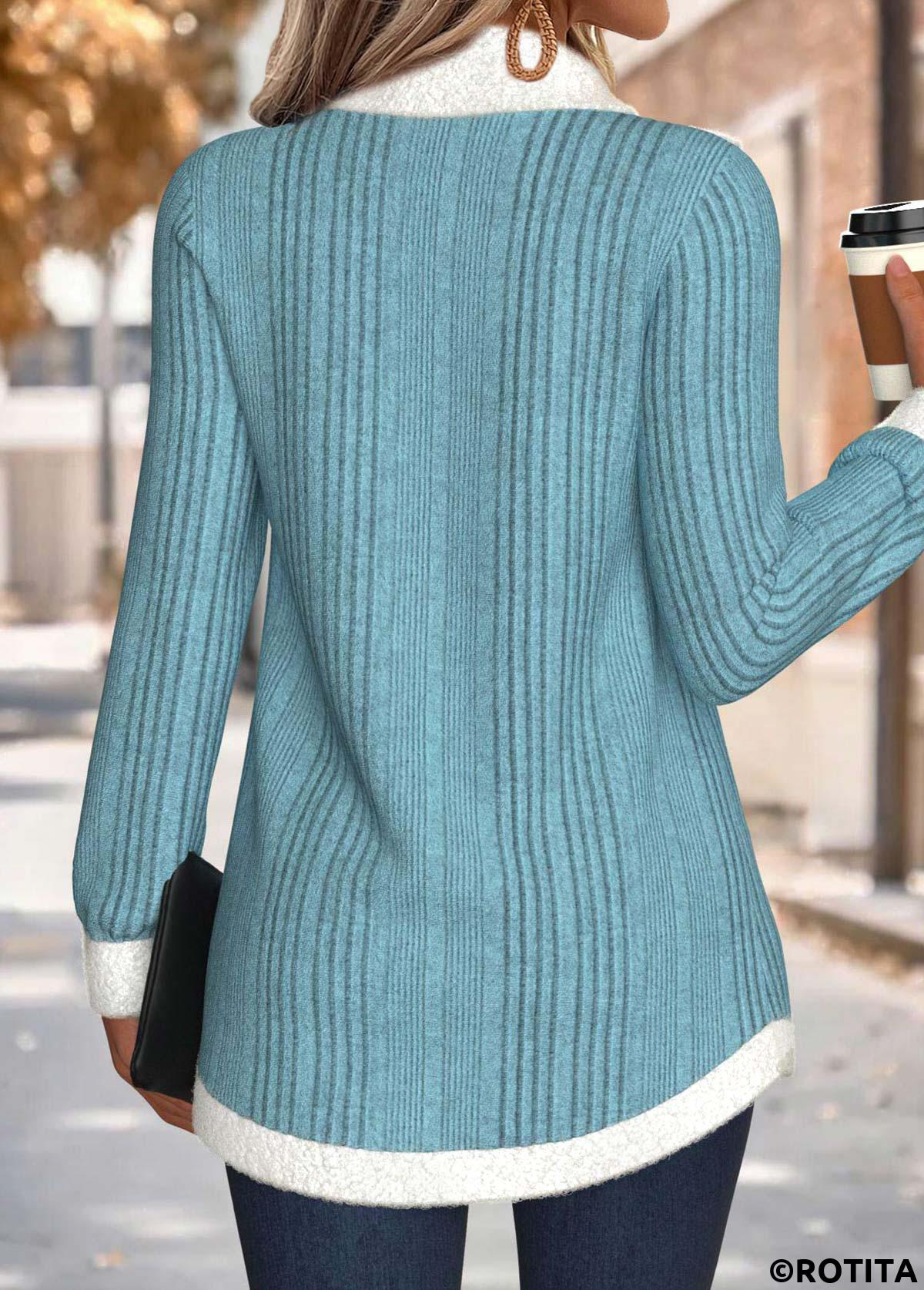 Cyan tops,Plain Color tops,ROTITA Tummy Coverage Cyan Cowl Neck Long Sleeve Sweatshirt