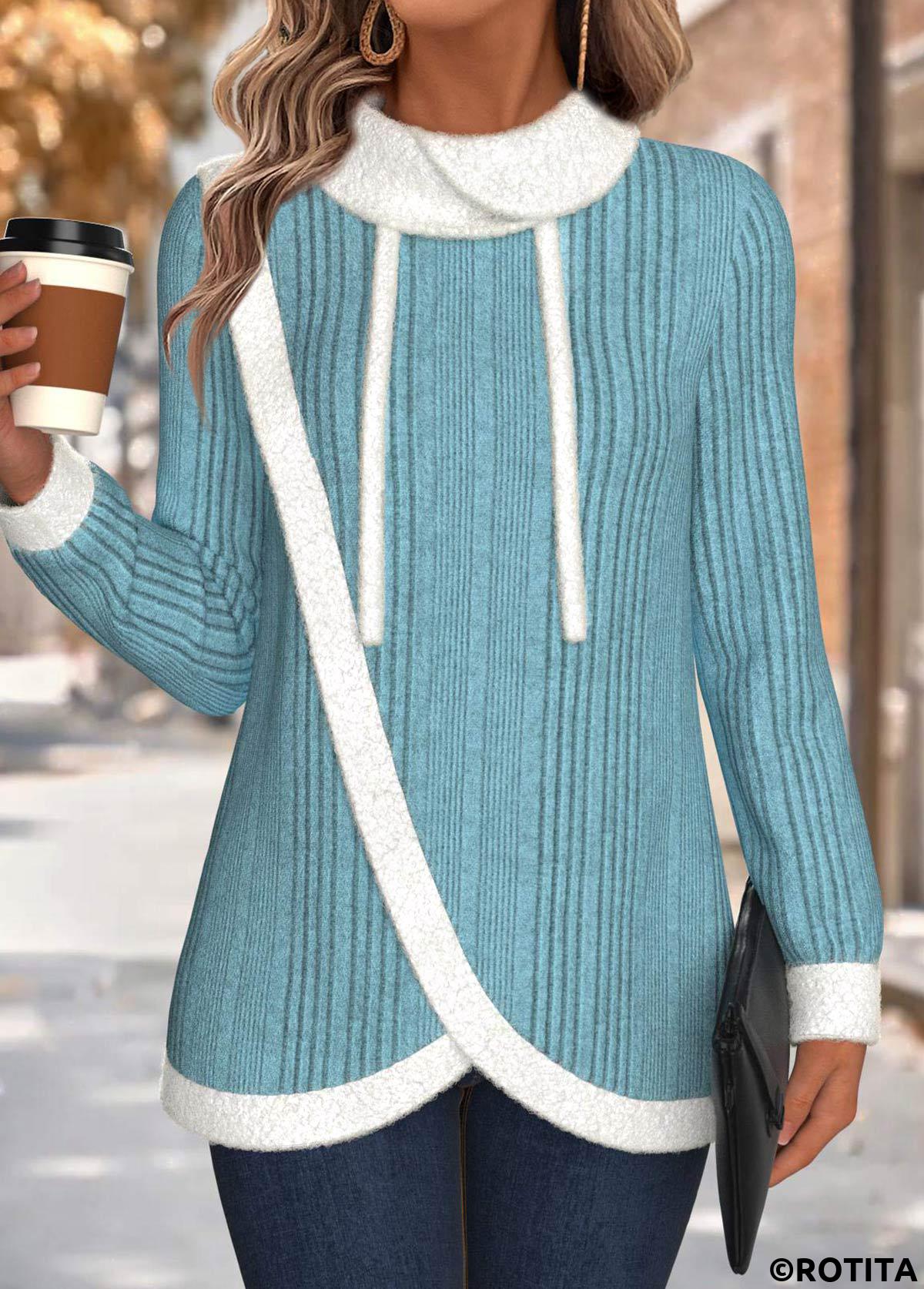 Cyan tops,Plain Color tops,ROTITA Tummy Coverage Cyan Cowl Neck Long Sleeve Sweatshirt