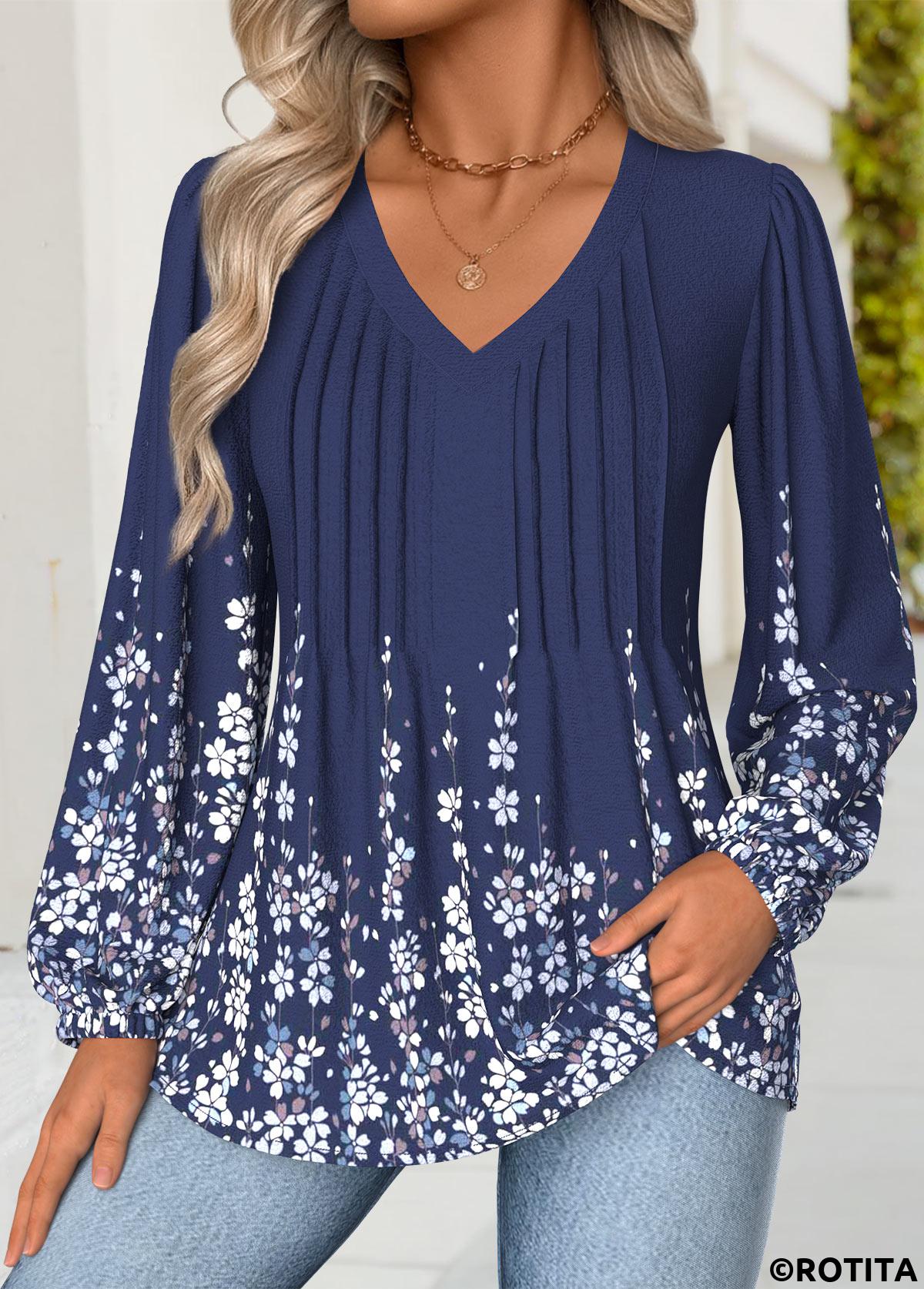 Navy tops,Floral tops,Plants tops,ROTITA Tummy Coverage Floral Print Navy V Neck Blouse