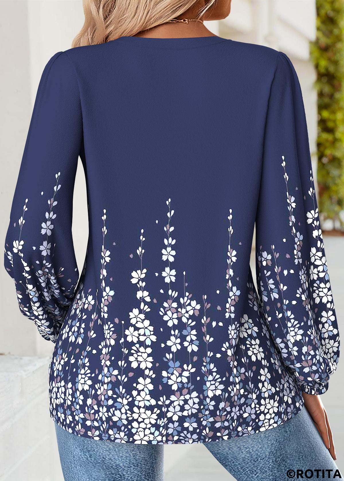 Navy tops,Floral tops,Plants tops,ROTITA Tummy Coverage Floral Print Navy V Neck Blouse