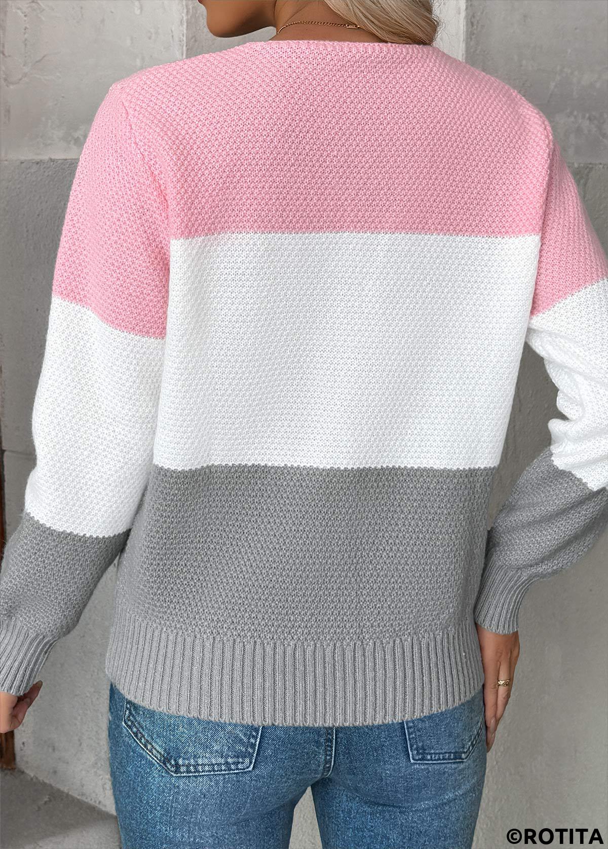 Pink tops,Contrast Color tops,Tummy Coverage Pink V Neck Long Sleeve Sweater