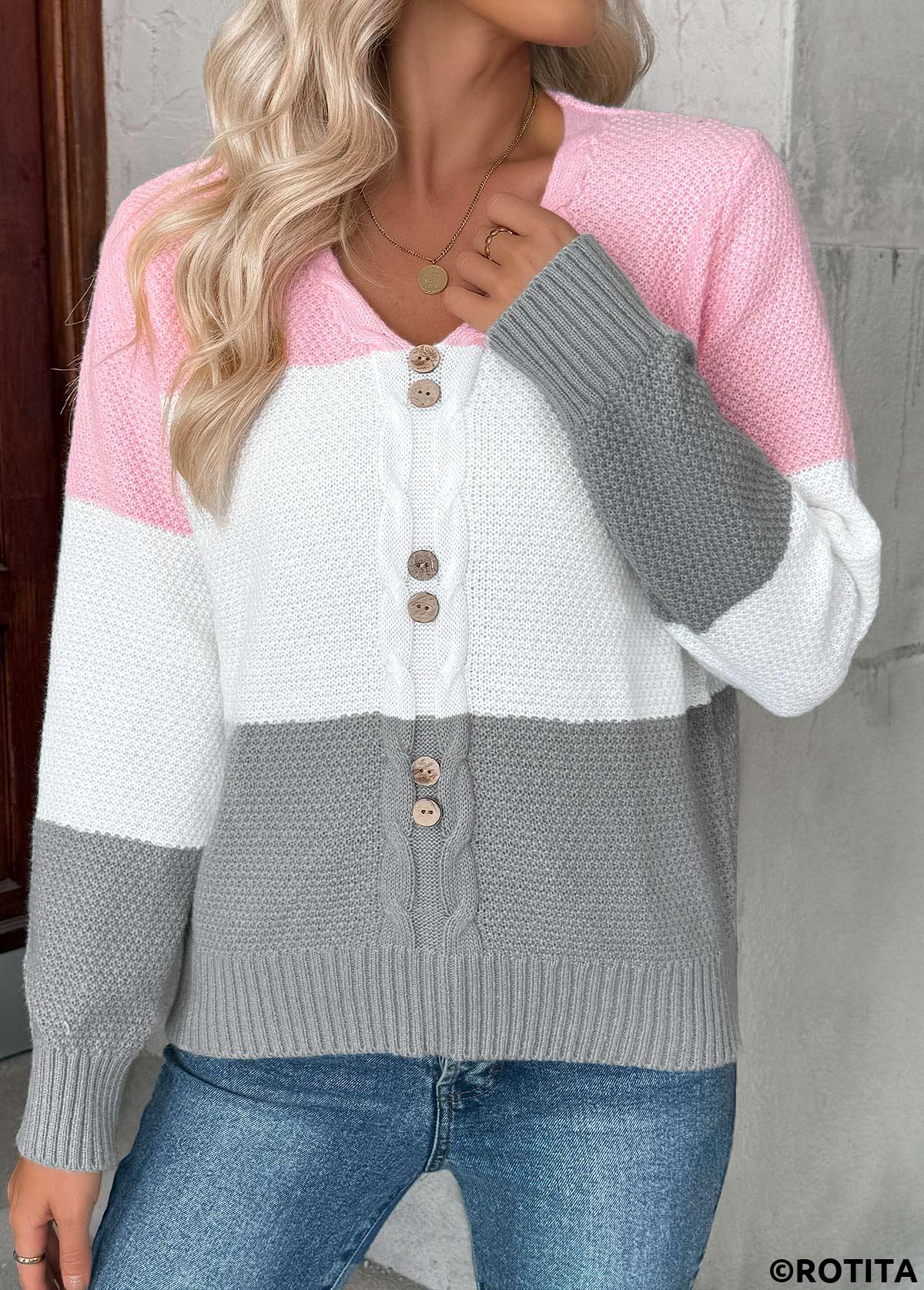 Pink tops,Contrast Color tops,Tummy Coverage Pink V Neck Long Sleeve Sweater