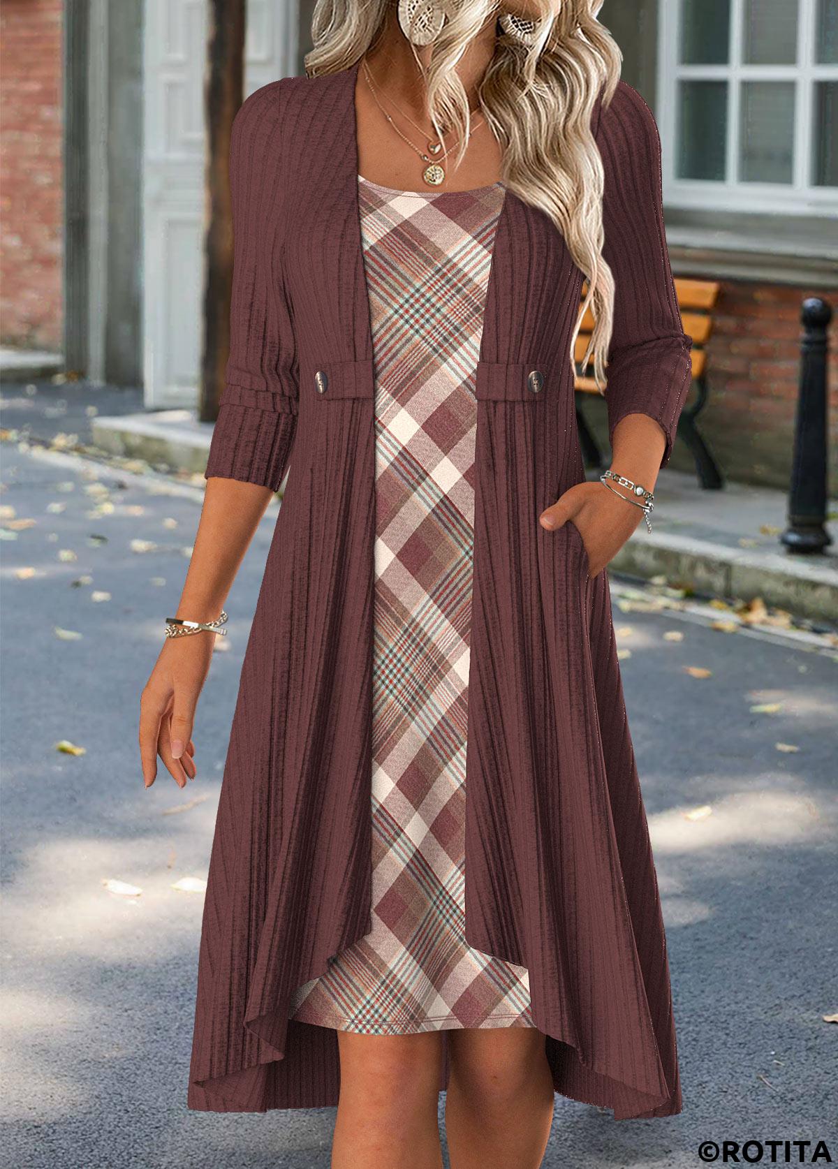 Deep Red dresses,Plaid dresses,Geometric dresses,Everyday dresses,Casual dresses,ROTITA Tummy Coverage Plaid Deep Red Short Round Neck Dress