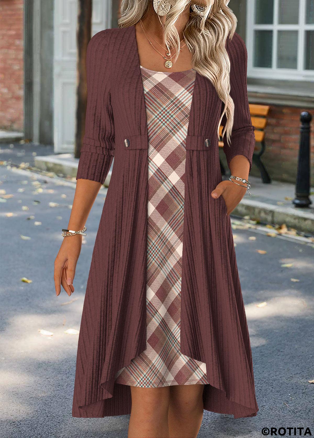 Deep Red dresses,Plaid dresses,Geometric dresses,Everyday dresses,Casual dresses,ROTITA Tummy Coverage Plaid Deep Red Short Round Neck Dress