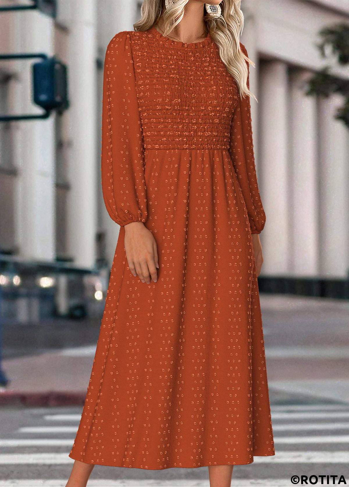 Terracotta dresses,Plain Color dresses,Everyday dresses,Casual dresses,ROTITA Tummy Coverage Terracotta Round Neck Long Sleeve Dress