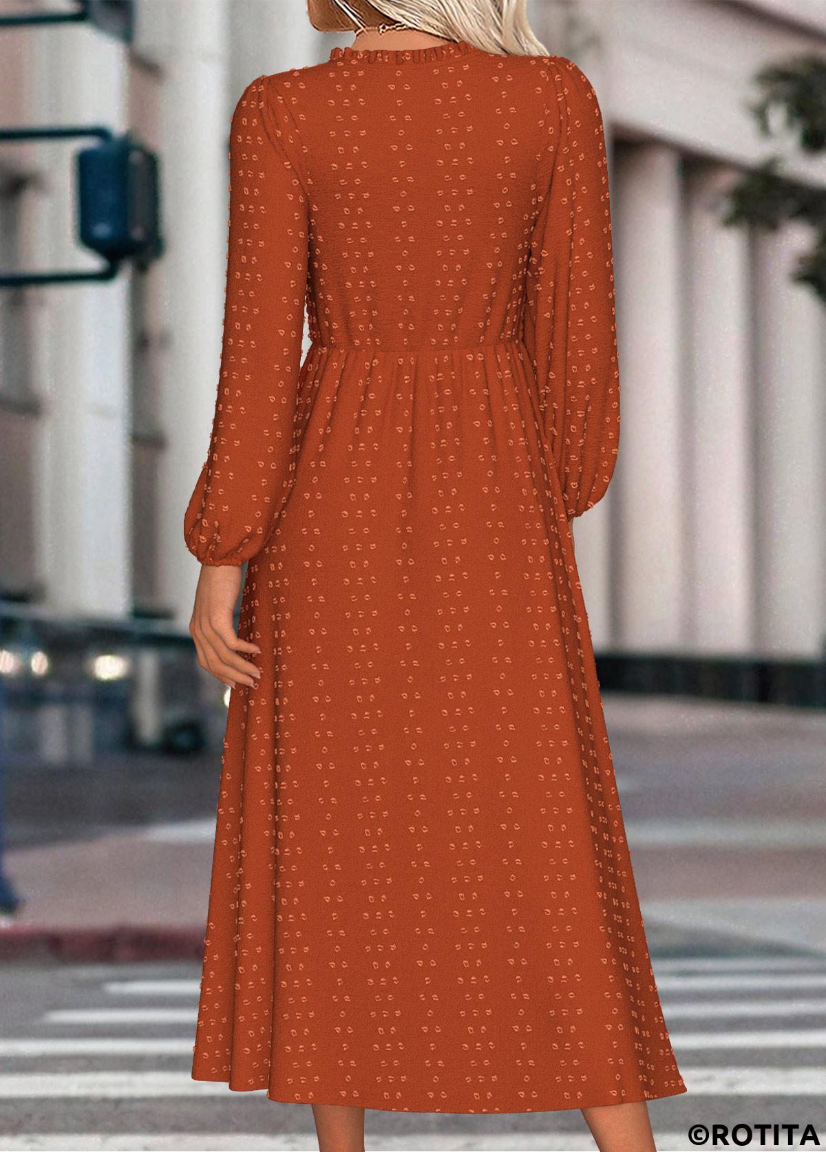 Terracotta dresses,Plain Color dresses,Everyday dresses,Casual dresses,ROTITA Tummy Coverage Terracotta Round Neck Long Sleeve Dress