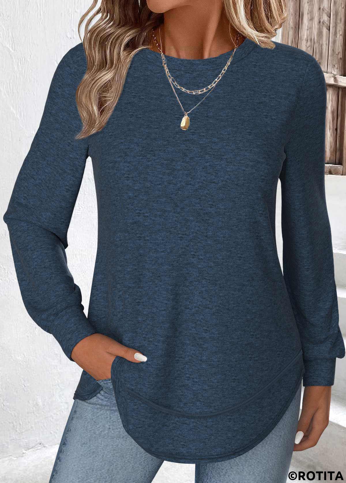 Peacock Blue tops,Plain Color tops,ROTITA Curved Hem Peacock Blue Round Neck T Shirt