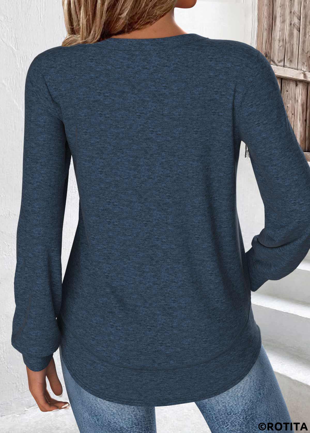 Peacock Blue tops,Plain Color tops,ROTITA Curved Hem Peacock Blue Round Neck T Shirt