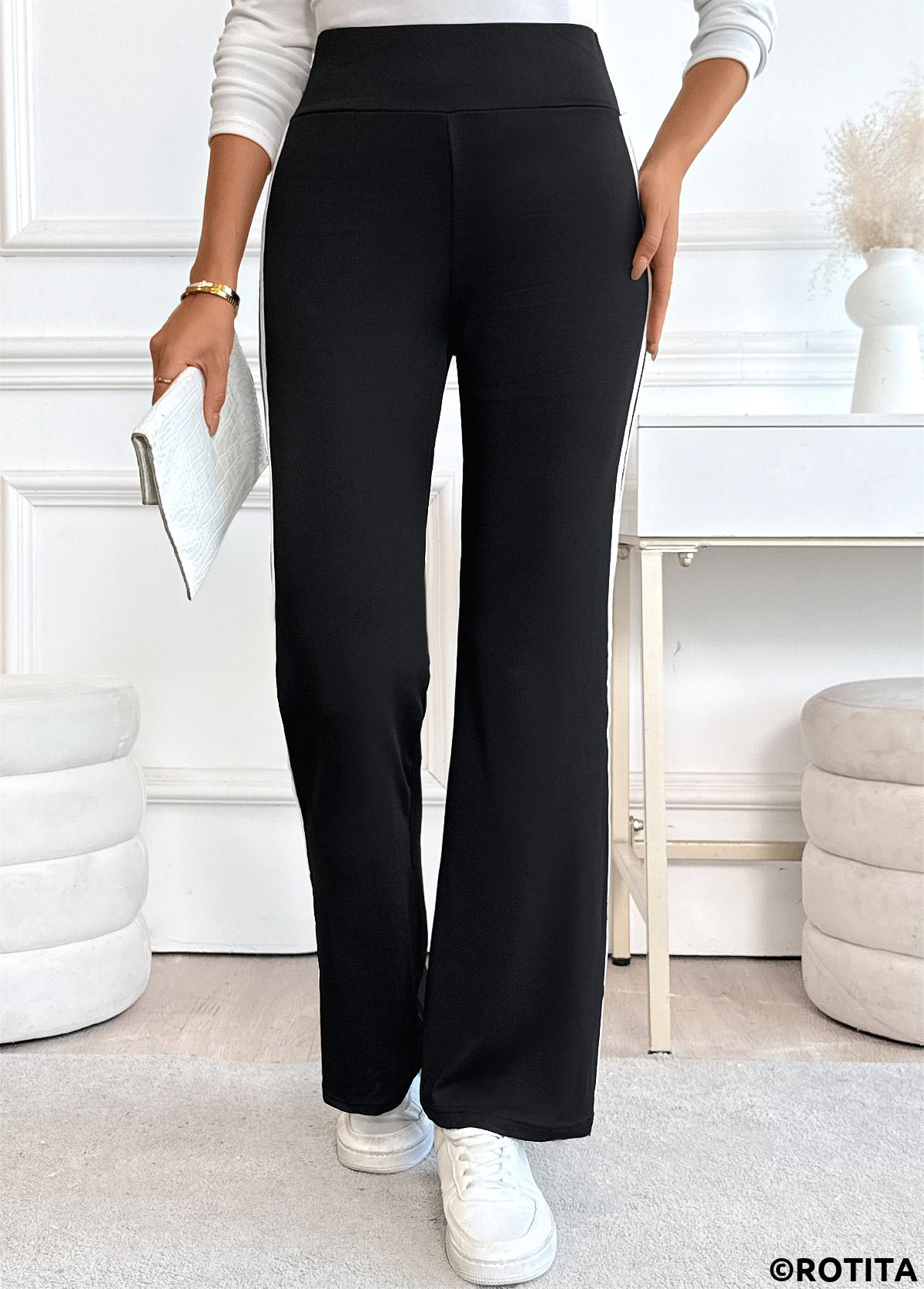 Black bottoms,Striped bottoms,Geometric bottoms,Striped Black Straight Leg Elastic Waist High Waisted Pants