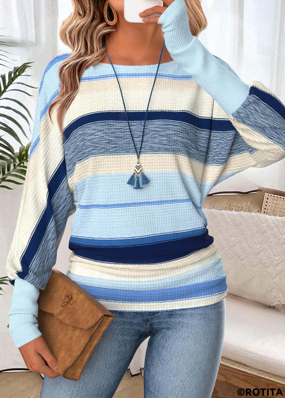 Light Blue tops,Striped tops,Geometric tops,ROTITA Tummy Coverage Striped Light Blue Round Neck T Shirt