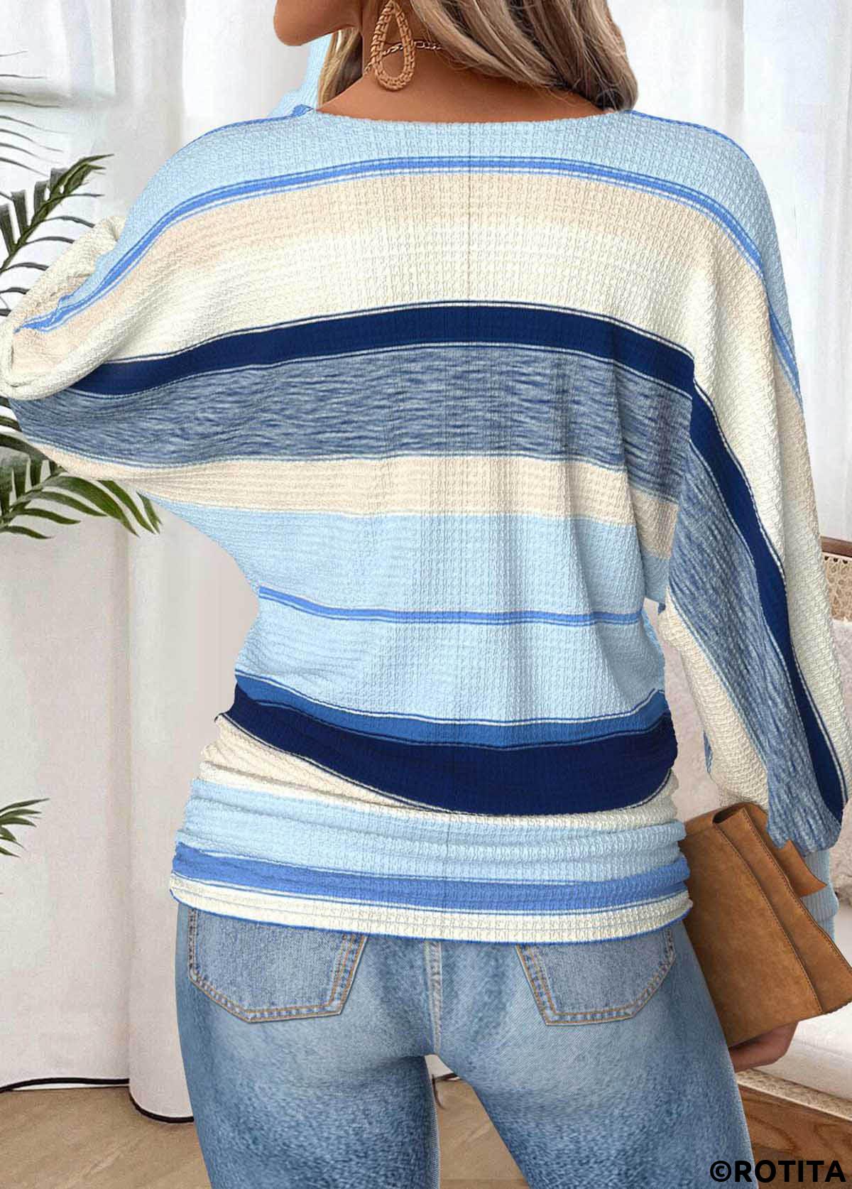 Light Blue tops,Striped tops,Geometric tops,ROTITA Tummy Coverage Striped Light Blue Round Neck T Shirt