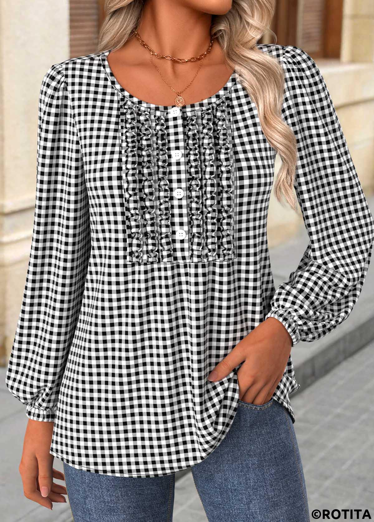 Black tops,Plaid tops,Geometric tops,ROTITA Frill Plaid Black Round Neck Long Sleeve Blouse