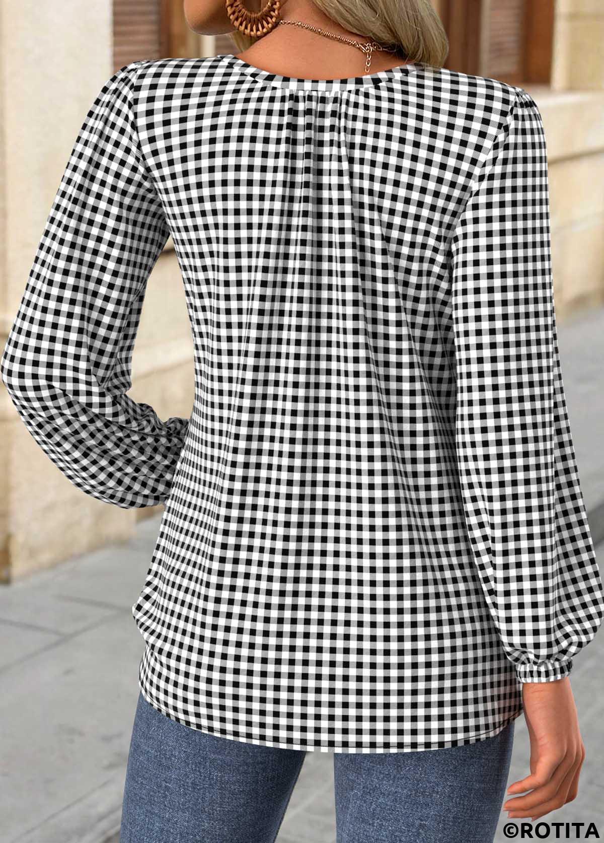 Black tops,Plaid tops,Geometric tops,ROTITA Frill Plaid Black Round Neck Long Sleeve Blouse