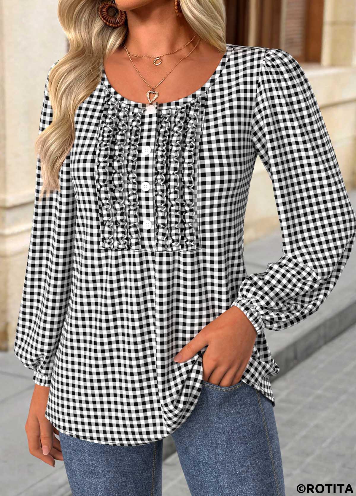 Black tops,Plaid tops,Geometric tops,ROTITA Frill Plaid Black Round Neck Long Sleeve Blouse