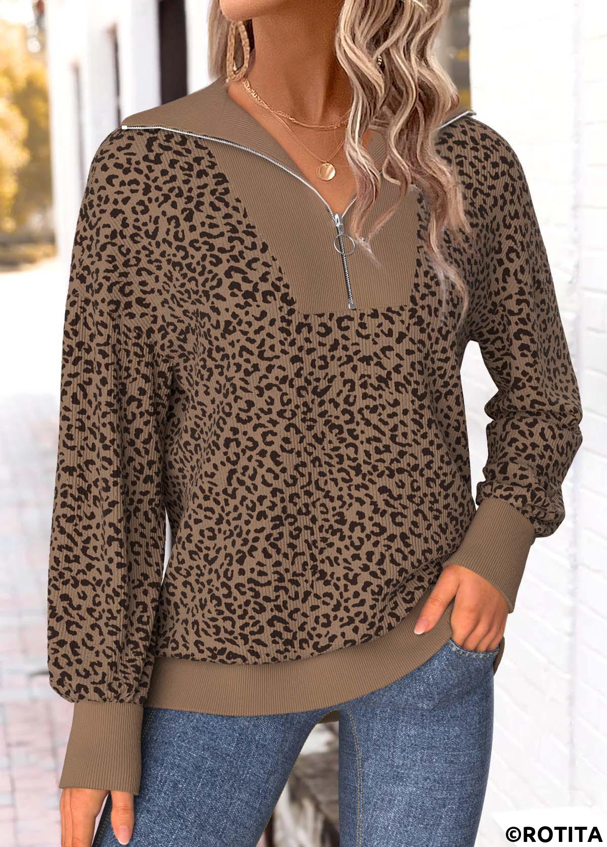 Dark Coffee tops,Animal Print tops,ROTITA Zipper Animal Print Dark Coffee Turn Down Collar Sweatshirt