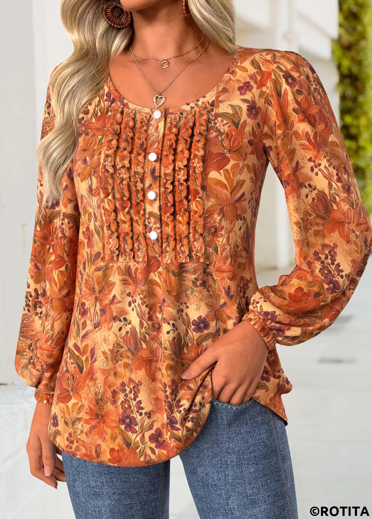 Terracotta tops,Floral tops,Plants tops,ROTITA Frill Floral Print Terracotta Round Neck Long Sleeve Blouse